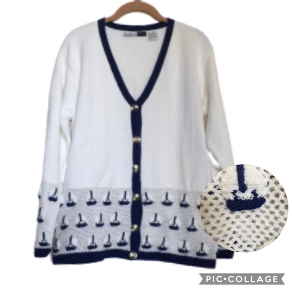 Jamie S Casuals Sweaters - JAMIE S CASUALS Cardigan White Navy Blue Knit 3-D Sailboats Women’s Large NWOT